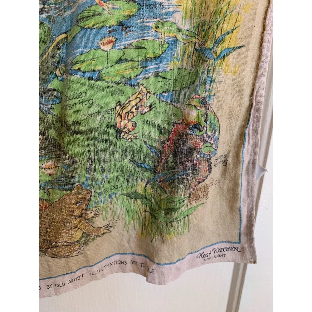 Vintage Australian Frogs Bribie Island Linen Tea Towel Rosy Kitchen Souvenir